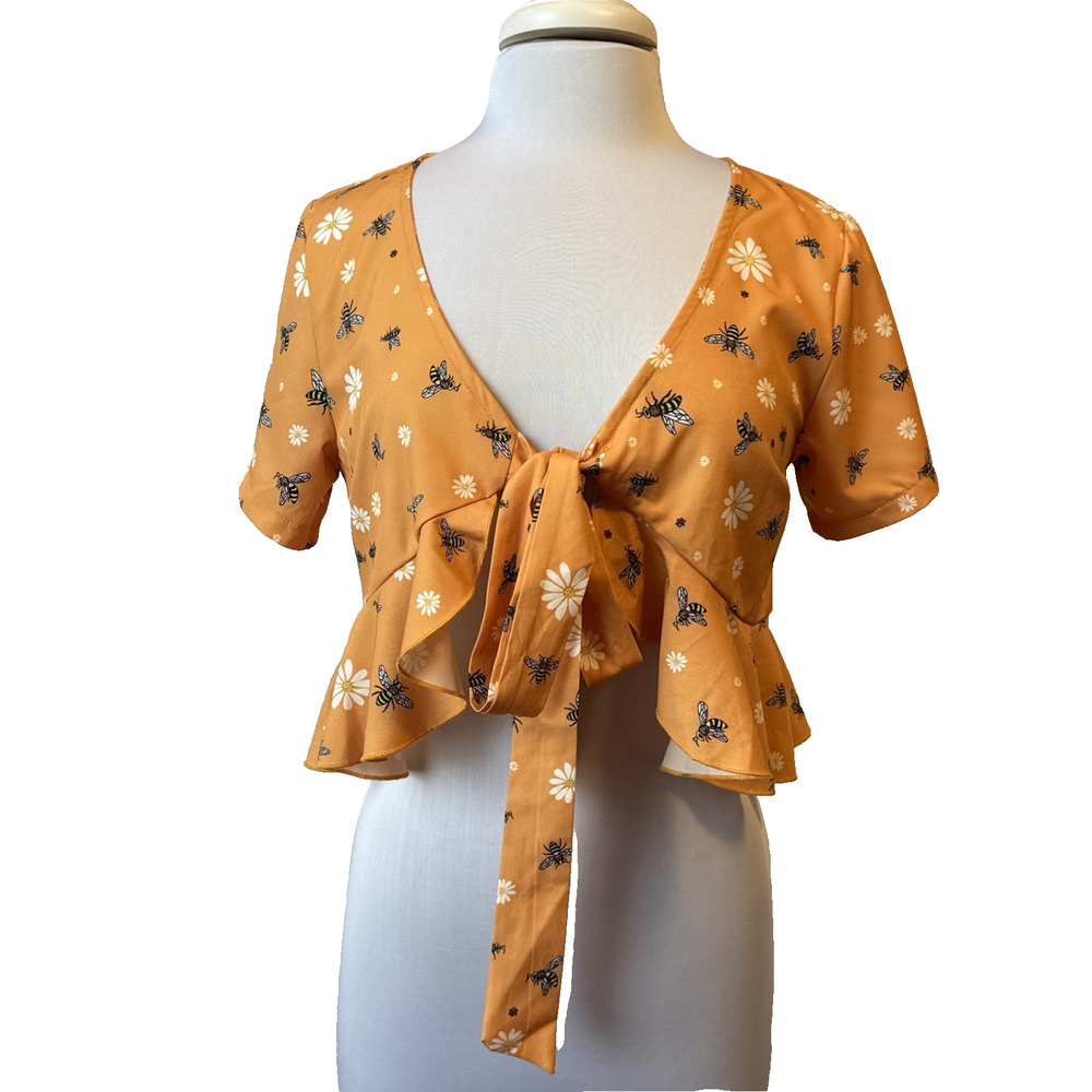 Bumble Bee Daisy Ruffle Bow‎ Tie Crop Top Women's M Boho Fairy Whimsical Beach